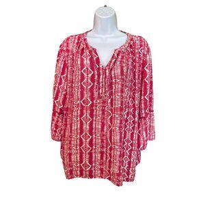 Gloria Vanderbilt Womens Tunic Blouse XXL Pink White Ikat Print Bell Sleeve Boho